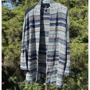 Ralph Lauren Chaps Women's XL Cardigan Aztec Blue Teal Striped Open Long Cotton